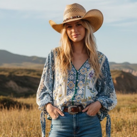 NWT Free People Blue and White Patterned‎ Blouse bohemian blouse size M - Picture 12 of 12